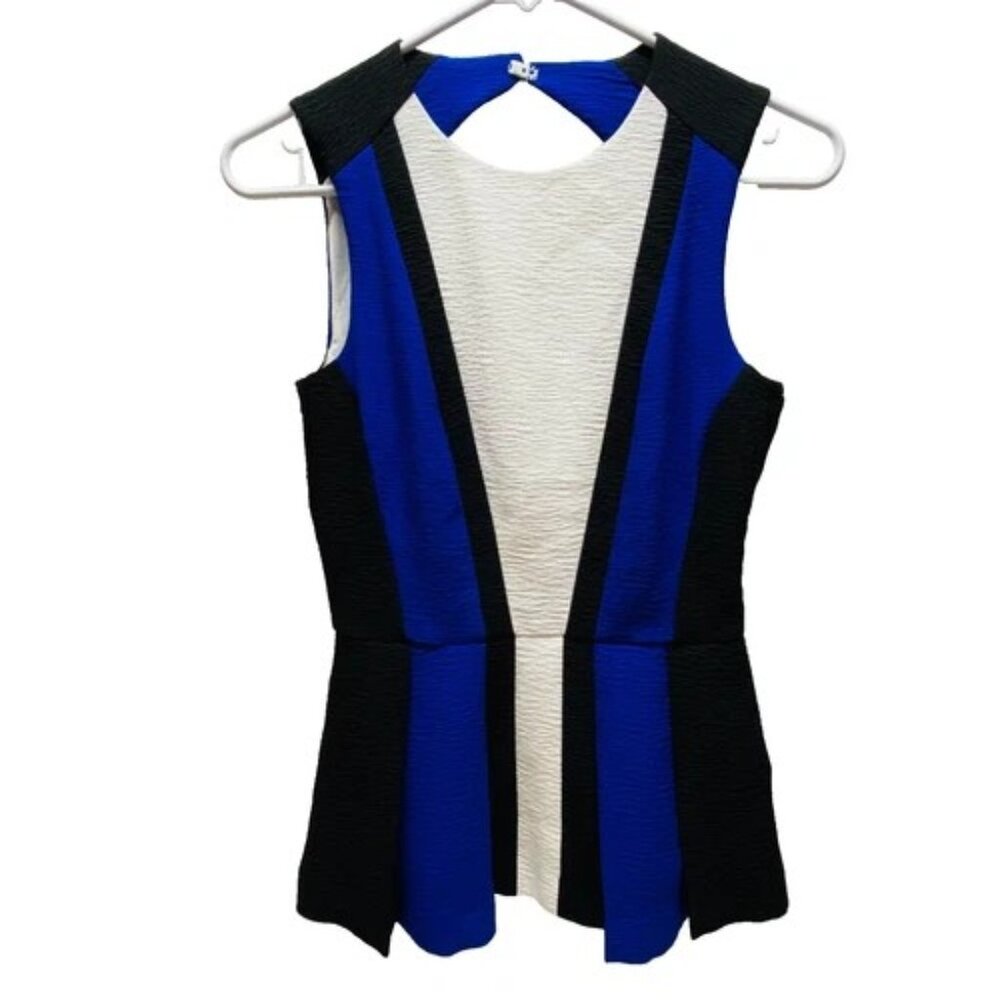 H&M‎ Open Back Peplum Top Women's 4 Blue Black White Sleeveless Career Tank EUC